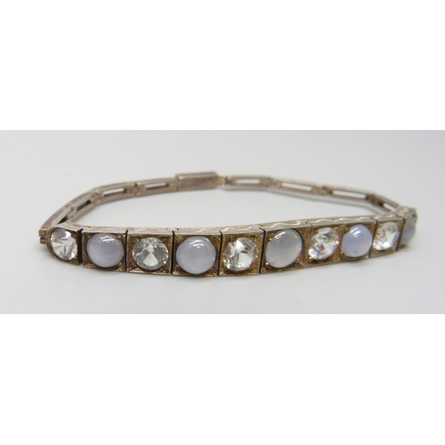 7119 - A white metal, chalcedony and white spinel set bracelet, 11.5g, 16.5cm