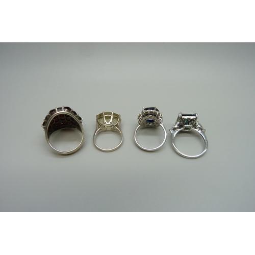 7142 - Four statement silver gem set rings, 29g