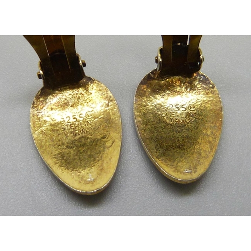 7144 - A pair of Norwegian silver gilt and enamelled clip-on earrings by Ivar T. Holth