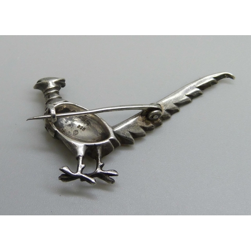 7149 - A vintage Knoll & Pregizer .935 silver paste set pheasant brooch, 4.5cm, 7.2g