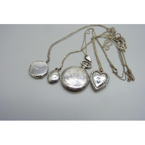 7150 - Four silver lockets and chains, 28g