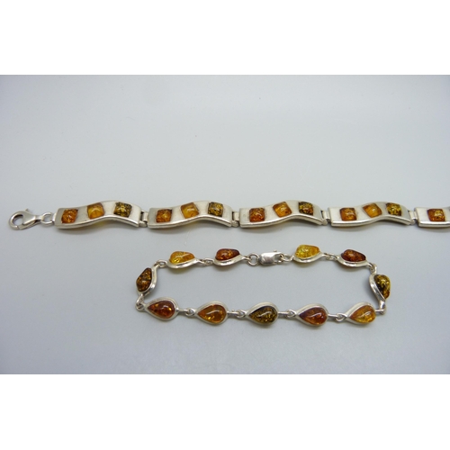 7164 - Two silver and amber bracelets, 23g