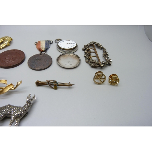 7174 - A collection of items including a pocket watch with black dial, a paste set buckle, brooches, a silv... 