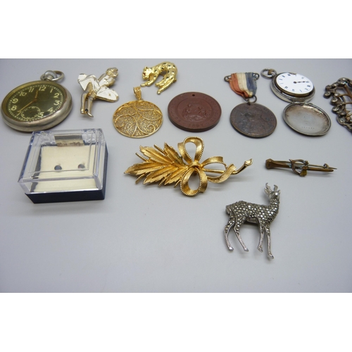 7174 - A collection of items including a pocket watch with black dial, a paste set buckle, brooches, a silv... 