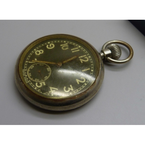 7174 - A collection of items including a pocket watch with black dial, a paste set buckle, brooches, a silv... 