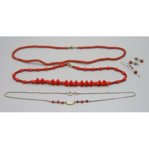 7192 - A coral necklace, a faux coral necklace, a pair of earrings and a silver and coral necklet