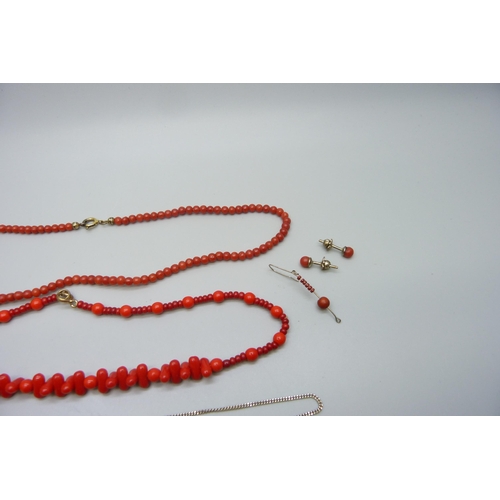 7192 - A coral necklace, a faux coral necklace, a pair of earrings and a silver and coral necklet