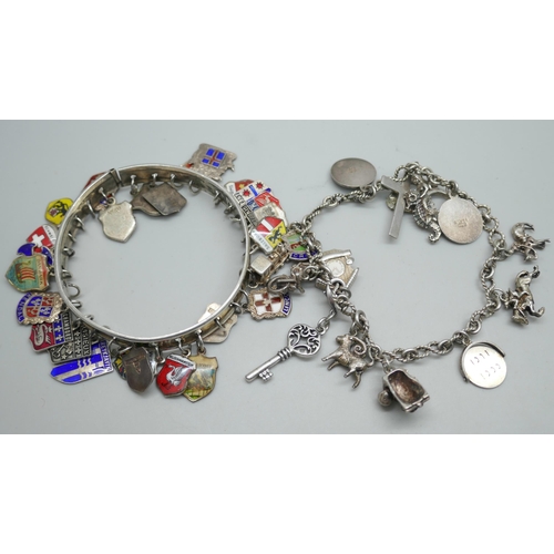 7198 - A silver charm bracelet, 37g, and a bangle with silver charms