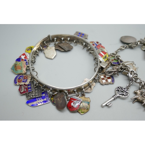 7198 - A silver charm bracelet, 37g, and a bangle with silver charms