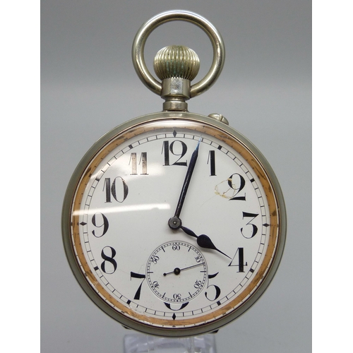 7249 - A Goliath pocket watch, pin set, stem wind, 68mm, dial and glass a/f