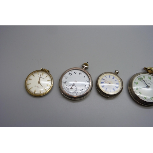 7250 - An 800 silver pocket watch, a/f, a 935 silver fob watch, a/f, an Ingersoll dress pocket watch and tw... 