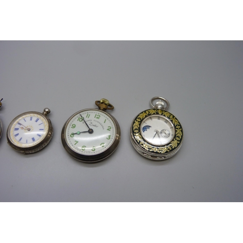 7250 - An 800 silver pocket watch, a/f, a 935 silver fob watch, a/f, an Ingersoll dress pocket watch and tw... 