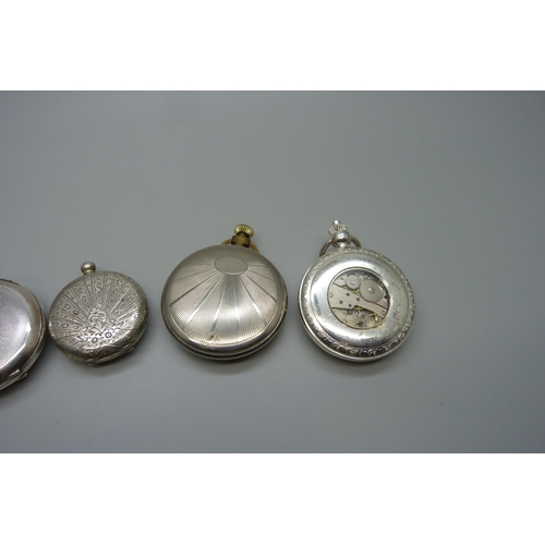 7250 - An 800 silver pocket watch, a/f, a 935 silver fob watch, a/f, an Ingersoll dress pocket watch and tw... 