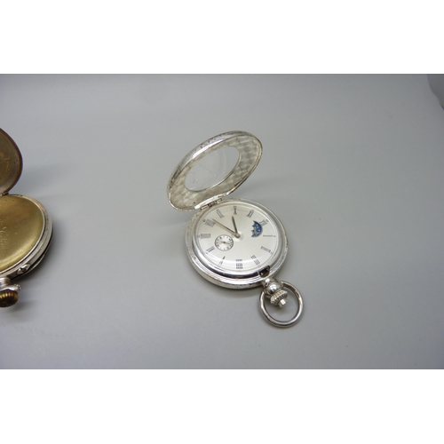 7250 - An 800 silver pocket watch, a/f, a 935 silver fob watch, a/f, an Ingersoll dress pocket watch and tw... 