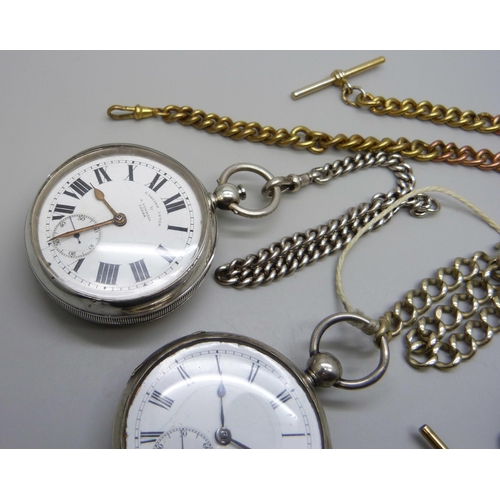 7255 - Two silver pocket watches including a fusee with diamond end stone, both a/f, a silver chain and thr... 