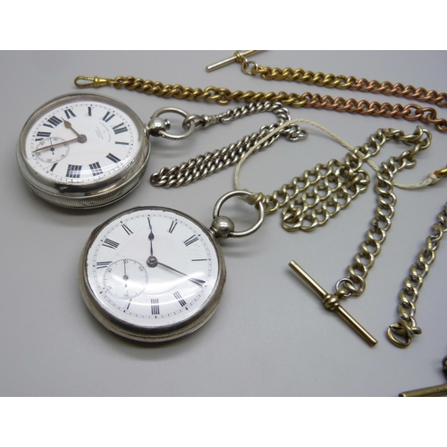 7255 - Two silver pocket watches including a fusee with diamond end stone, both a/f, a silver chain and thr... 