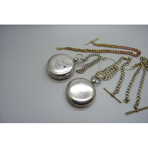 7255 - Two silver pocket watches including a fusee with diamond end stone, both a/f, a silver chain and thr... 