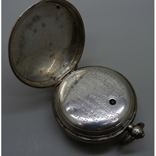 7260 - A silver cased Waltham pocket watch, Birmingham 1901, Horncastle inscription, '729 Pte. Ransham, in ... 