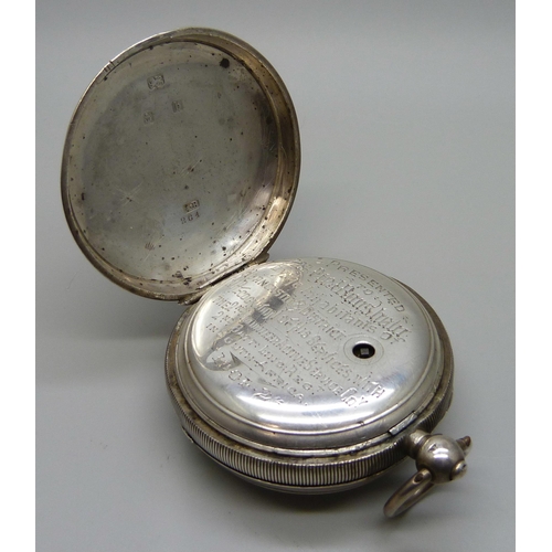 7260 - A silver cased Waltham pocket watch, Birmingham 1901, Horncastle inscription, '729 Pte. Ransham, in ... 