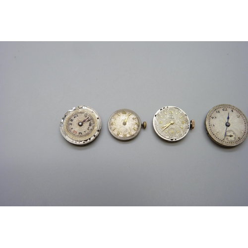 7263 - Four Rolex watch movements, (two Rolex Prima), and two Tudor by Rolex watch movements, (lady's watch... 