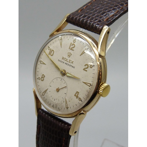 7276 - A 9ct gold Rolex wristwatch, 1950s, 30mm case, (with details of full service July 2023 at a cost of ... 