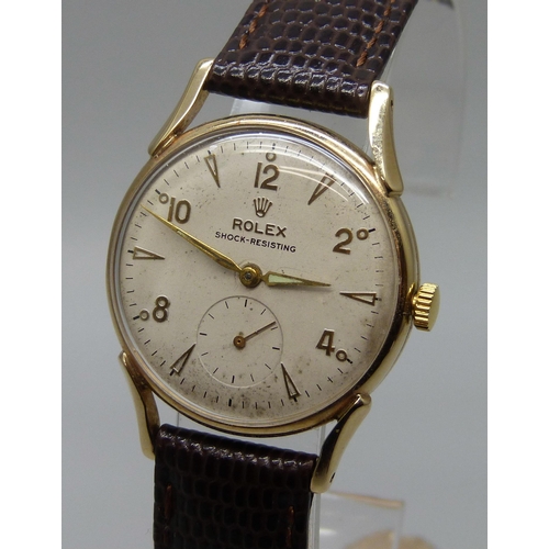 7276 - A 9ct gold Rolex wristwatch, 1950s, 30mm case, (with details of full service July 2023 at a cost of ... 