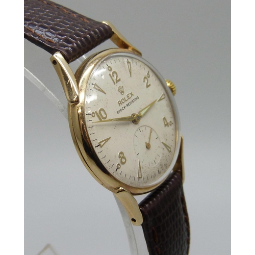 7276 - A 9ct gold Rolex wristwatch, 1950s, 30mm case, (with details of full service July 2023 at a cost of ... 