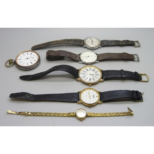 7284 - A gun metal cased pocket watch, a/f, two Avia watches, a lady's Hamilton wristwatch, a Timex automat... 