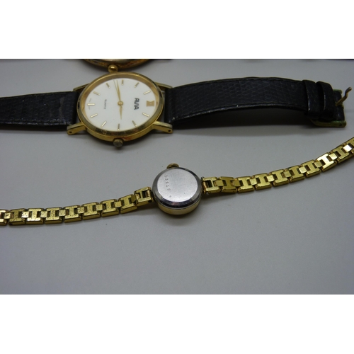 7284 - A gun metal cased pocket watch, a/f, two Avia watches, a lady's Hamilton wristwatch, a Timex automat... 