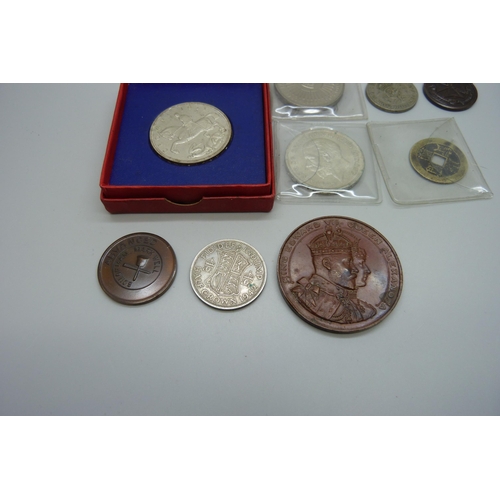 7290 - An Edward VII and Queen Alexandra medallion, two 1935 crowns, a George VI half-crown and two shillin... 