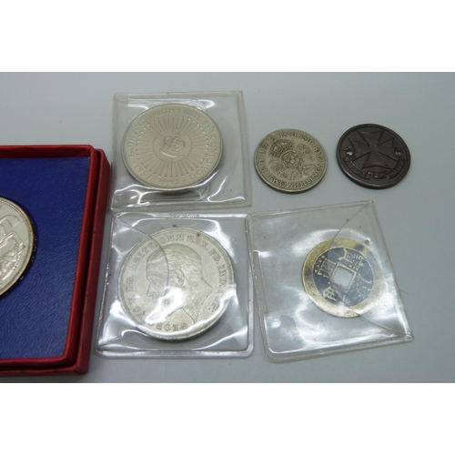 7290 - An Edward VII and Queen Alexandra medallion, two 1935 crowns, a George VI half-crown and two shillin... 