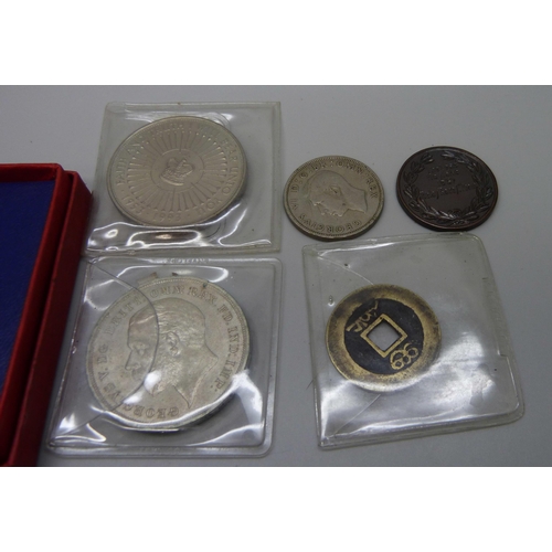 7290 - An Edward VII and Queen Alexandra medallion, two 1935 crowns, a George VI half-crown and two shillin... 