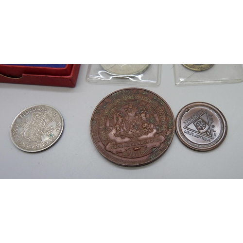 7290 - An Edward VII and Queen Alexandra medallion, two 1935 crowns, a George VI half-crown and two shillin... 