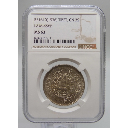 7293 - Coins; Tibet 1936 silver 3 Srang Graded NGC MS63, NGC ref: 6947715-011