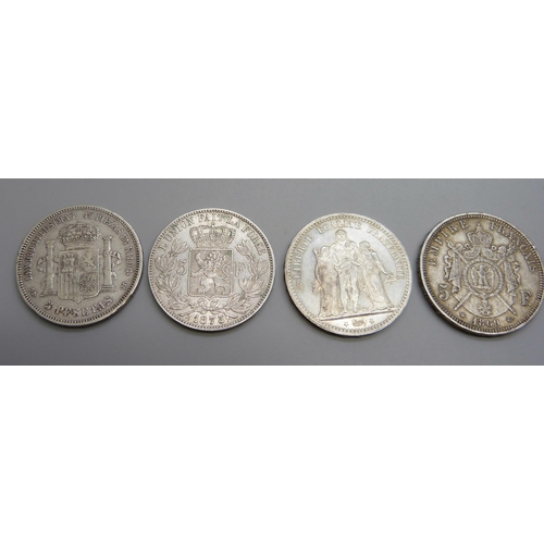 7294 - Coins; six silver coins, (90%), 3x 5 Francs, French 1869, 1873, Belgian 1873, 3x 5 Pesetas, 1871, 18... 