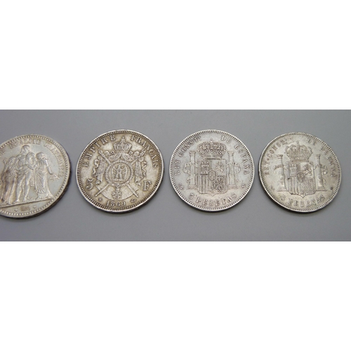 7294 - Coins; six silver coins, (90%), 3x 5 Francs, French 1869, 1873, Belgian 1873, 3x 5 Pesetas, 1871, 18... 