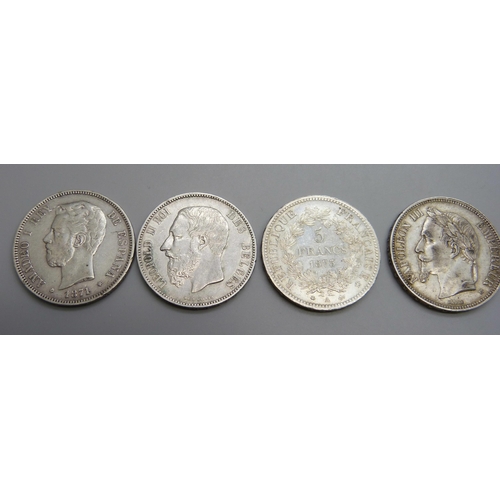 7294 - Coins; six silver coins, (90%), 3x 5 Francs, French 1869, 1873, Belgian 1873, 3x 5 Pesetas, 1871, 18... 