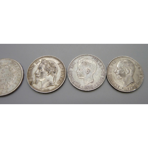 7294 - Coins; six silver coins, (90%), 3x 5 Francs, French 1869, 1873, Belgian 1873, 3x 5 Pesetas, 1871, 18... 