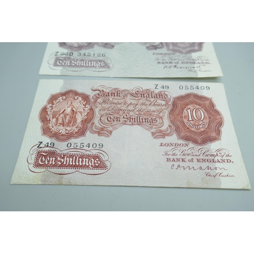 7313 - Two early 10 Shillings bank notes, Red Britannia C P Mahon Chief Cashier and Mauve Britannia, Peppia... 