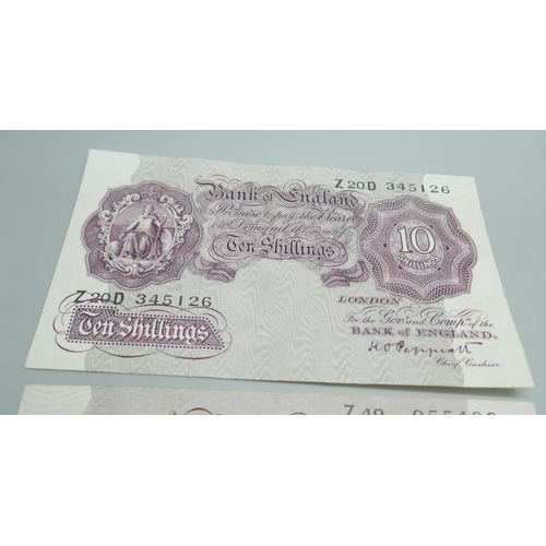 7313 - Two early 10 Shillings bank notes, Red Britannia C P Mahon Chief Cashier and Mauve Britannia, Peppia... 