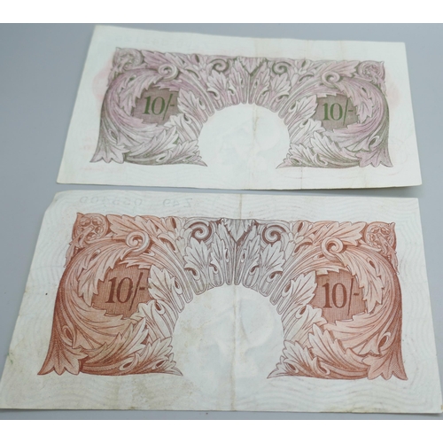 7313 - Two early 10 Shillings bank notes, Red Britannia C P Mahon Chief Cashier and Mauve Britannia, Peppia... 