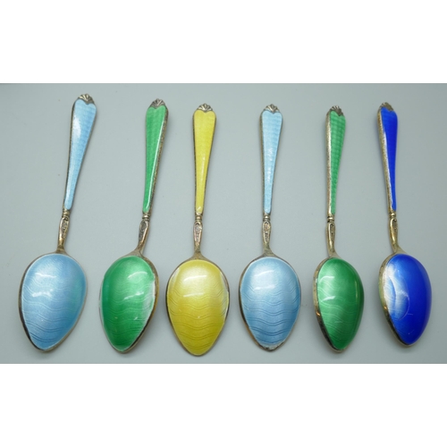 7322 - A cased set of six silver gilt and enamel spoons, by Adie Bros., in a Walker & Hall box, enamel on f... 