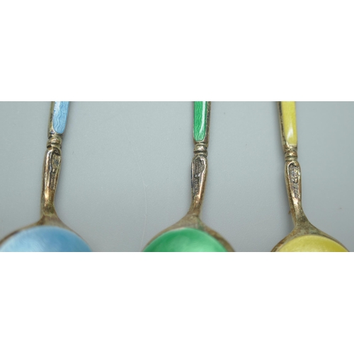 7322 - A cased set of six silver gilt and enamel spoons, by Adie Bros., in a Walker & Hall box, enamel on f... 