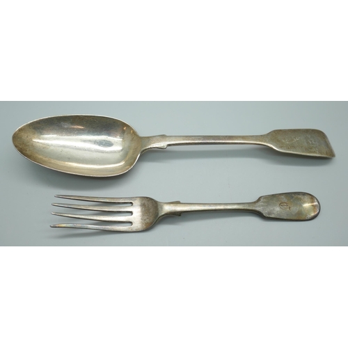 7325 - A 19th Century silver tablespoon and fork, 122g