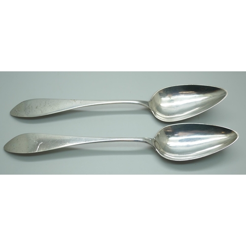 7330 - A pair of German silver serving spoons, Straslund 1848, 83g