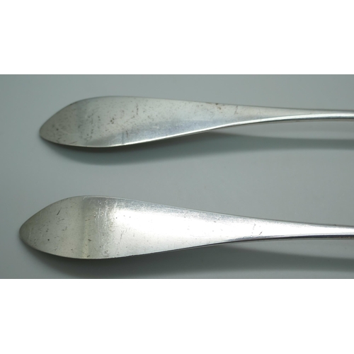 7330 - A pair of German silver serving spoons, Straslund 1848, 83g