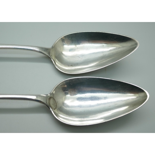 7330 - A pair of German silver serving spoons, Straslund 1848, 83g