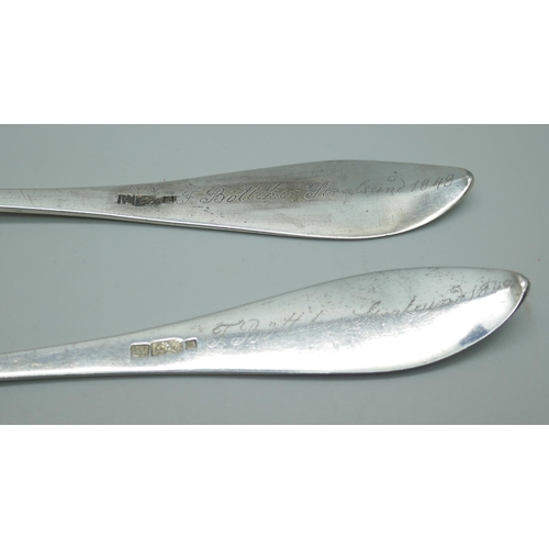 7330 - A pair of German silver serving spoons, Straslund 1848, 83g