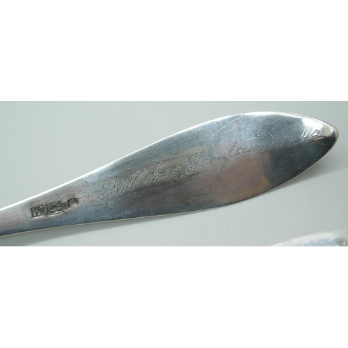 7330 - A pair of German silver serving spoons, Straslund 1848, 83g