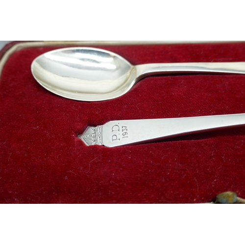 7340 - A silver 1937 Coronation commemorative christening set, Harrods, London, retailors box, 44g